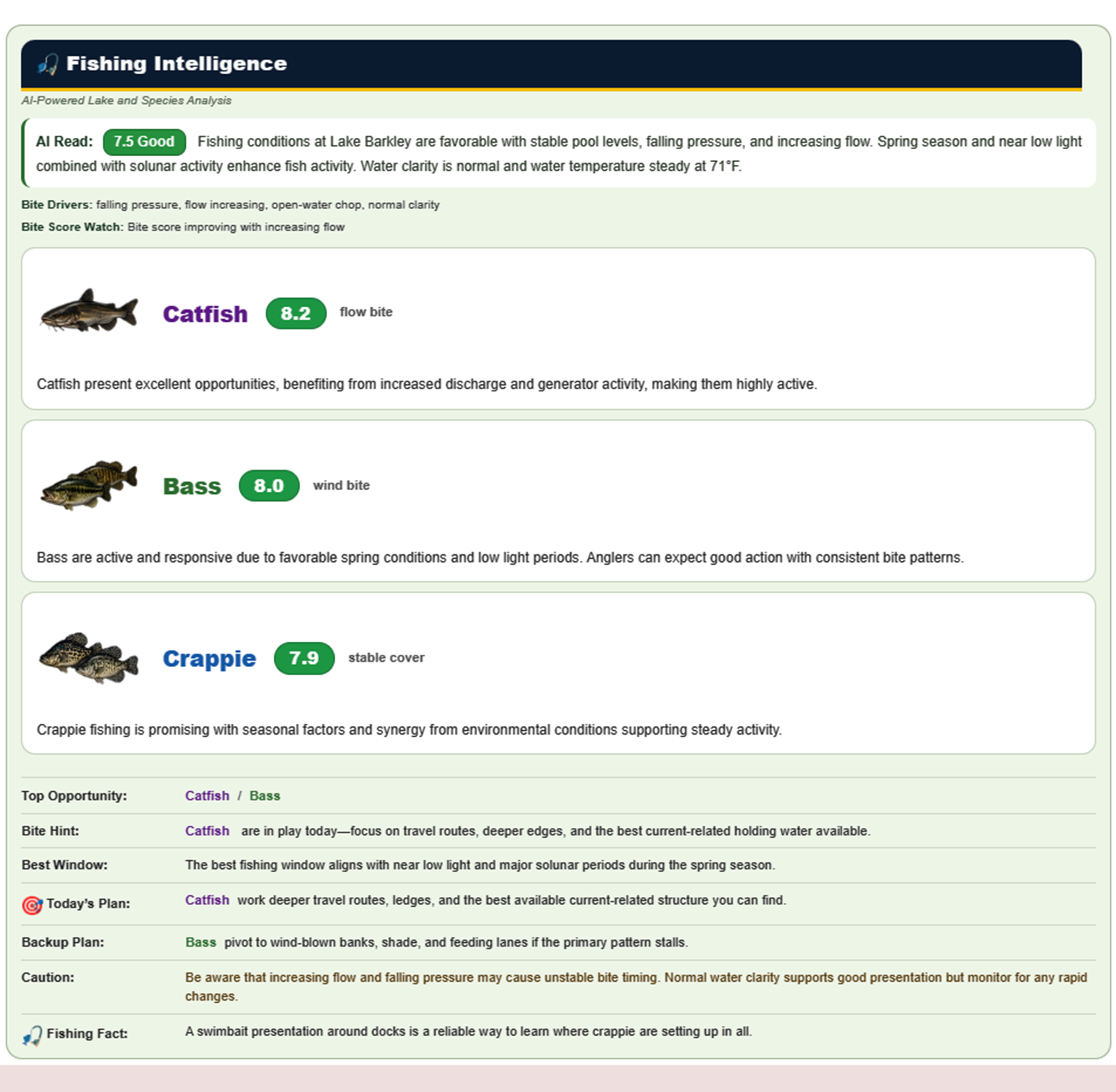 LCAS AI Fishing Intelligence sample report preview